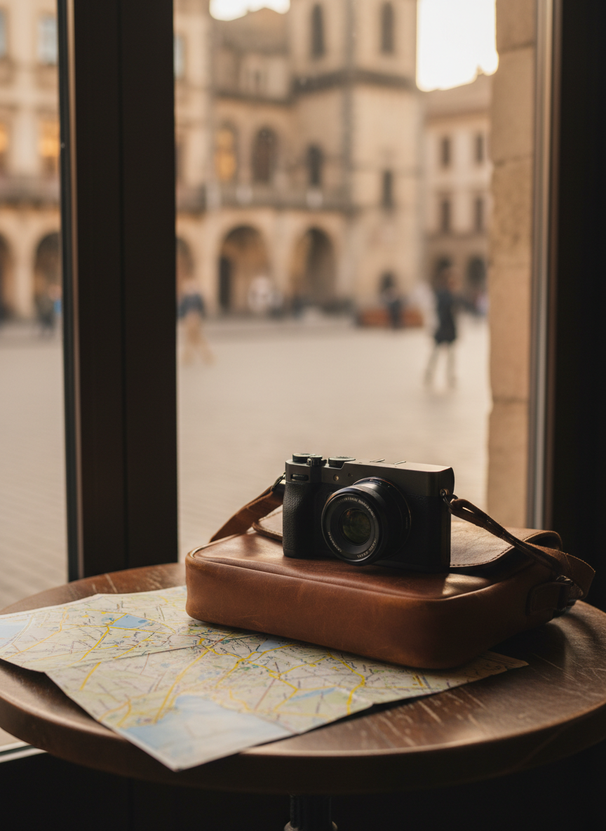 A sleek mirrorless travel camera with a compact prime lens rests on a well-worn leather crossbody bag, placed on a small café table beside a city street map folded to reveal highlighted routes. The table sits near a large window overlooking a blurred European old town square with cobblestone streets and distant architecture, rendered with gentle bokeh. Late afternoon golden hour light pours through the glass, creating soft reflections on the metal camera body and subtle shadows across the map. Photographic realism, shot at eye level with a shallow depth of field, conveys a sophisticated, introspective mood of solo trip planning and quiet anticipation.