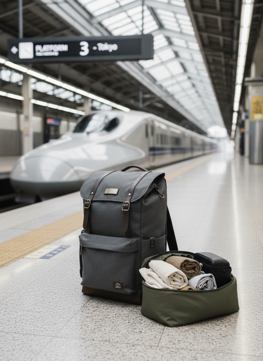 A sturdy but elegant carry-on backpack standing upright on a polished train platform, next to a small packing cube partially unzipped to reveal neatly rolled neutral-toned clothing and a slim camera case. In the background, a high-speed train is softly blurred as it arrives, with overhead signage and architectural lines receding into the distance. Overcast daylight creates soft, diffused lighting, eliminating harsh shadows and emphasizing the clean lines and textures of fabric and metal. Photographic realism, captured at a slightly low angle using the rule of thirds, suggesting poised independence, efficient packing, and the start of a refined solo journey.
