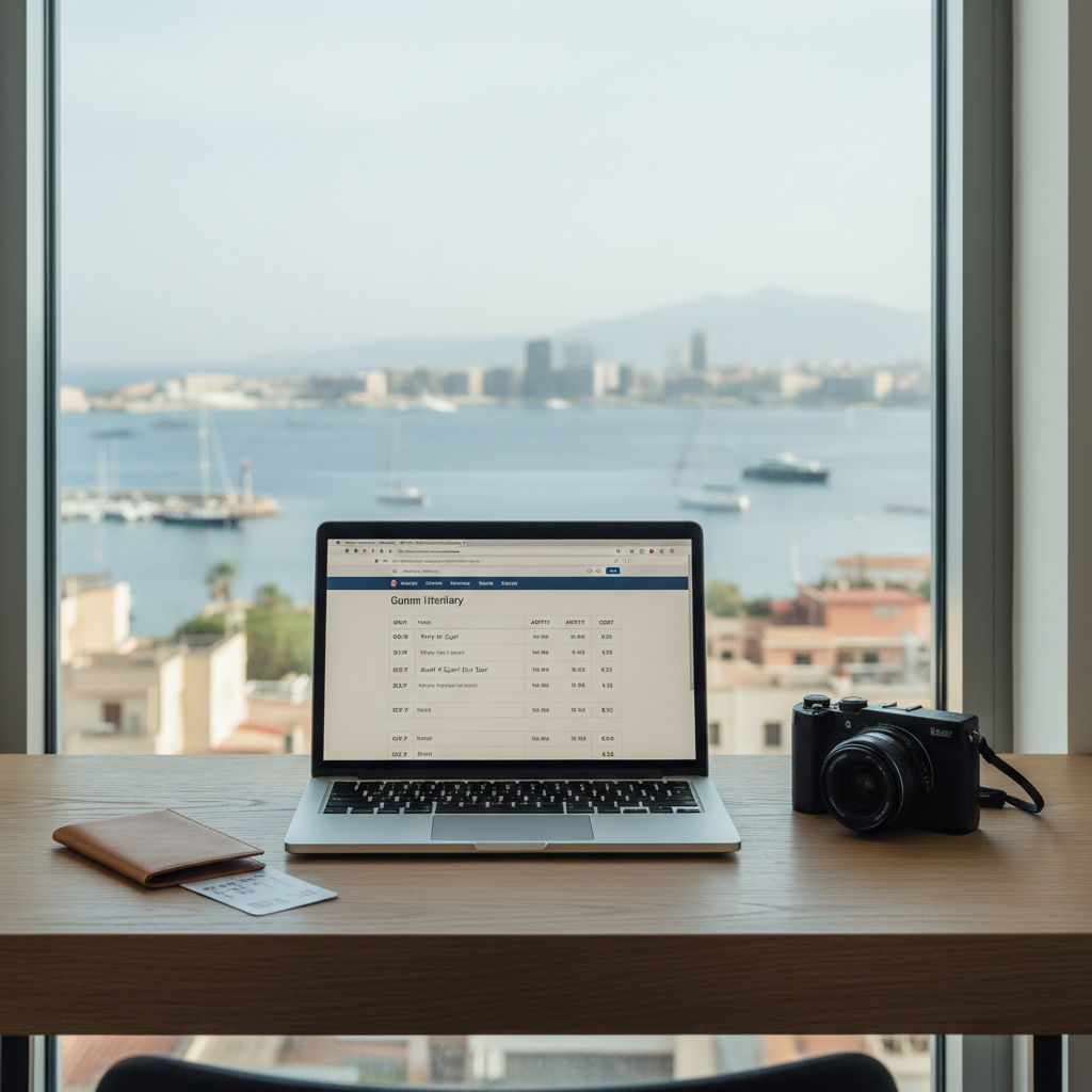A minimalist wooden desk in a small boutique hotel room holds an open laptop displaying a detailed travel itinerary layout, surrounded by a slim passport cover, a compact mirrorless camera, and a single boarding pass. Outside the floor-to-ceiling window, a distant skyline with a calm harbor and scattered boats is softly out of focus. Early morning, cool natural light fills the room, creating clean lines and gentle contrasts on the matte surfaces. Photographic realism with a slightly elevated angle and sharp focus throughout, evoking a serene, organized atmosphere of thoughtful solo travel planning and practical budget-conscious preparation.
