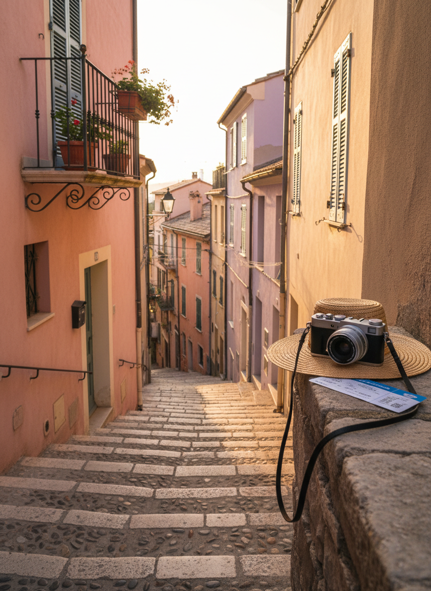 A narrow, winding alley in a picturesque hillside town, captured from a solo traveler’s perspective looking down a set of stone steps. On the left, a small wrought-iron balcony holds a potted plant and a hanging travel hat, while on the right, a compact mirrorless camera with a wrist strap is placed on a stone ledge beside a folded transit ticket. Warm late-afternoon sunlight washes the pastel buildings, casting long, elegant shadows and emphasizing textures of plaster and stone. Photographic realism with a leading-lines composition and moderate depth of field, creating a sophisticated, quietly adventurous mood ideal for a destination guide cover.