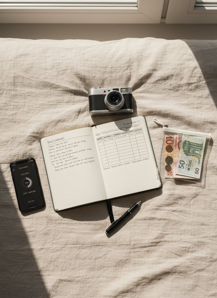 A neatly arranged flat lay on a soft linen bedspread in a sunlit guesthouse room: a slim hardbound notebook open to neatly written daily expenses, a fine-tip pen, a small transparent pouch with different currencies, a compact point-and-shoot camera, and a minimalist phone displaying a currency converter screen. Diffused midday light from a nearby window creates gentle, even illumination with faint shadows, emphasizing subtle textures of paper and fabric. Photographic realism, shot from a bird’s-eye view with balanced composition and muted, sophisticated tones, conveying calm control, honest trip costs, and smart budgeting for solo travel.